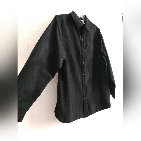 Studio Works Black Shirt Faux Suede Button Front Tunic Length Oversized Small - Picture 2 of 4